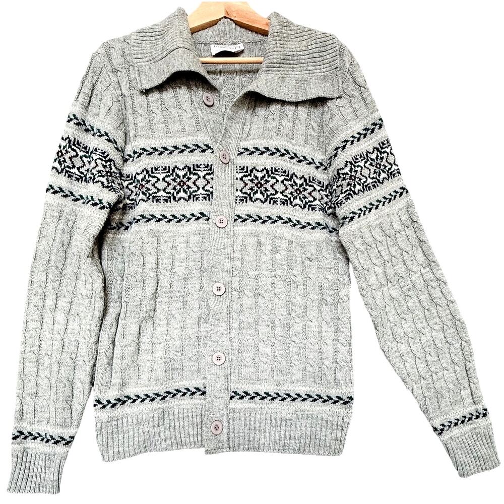 Vintage Lord Jeff Cardigan Mens sz M Gray Fair Isle Fisherman Sweater USA
